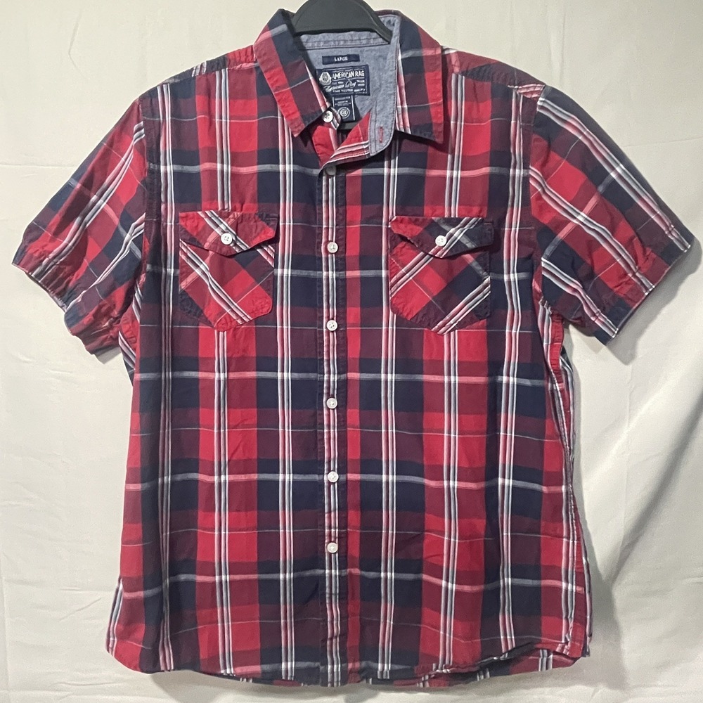 American Rag Red Plaid Button Down Short Sleeve Shirt Mens Size Large